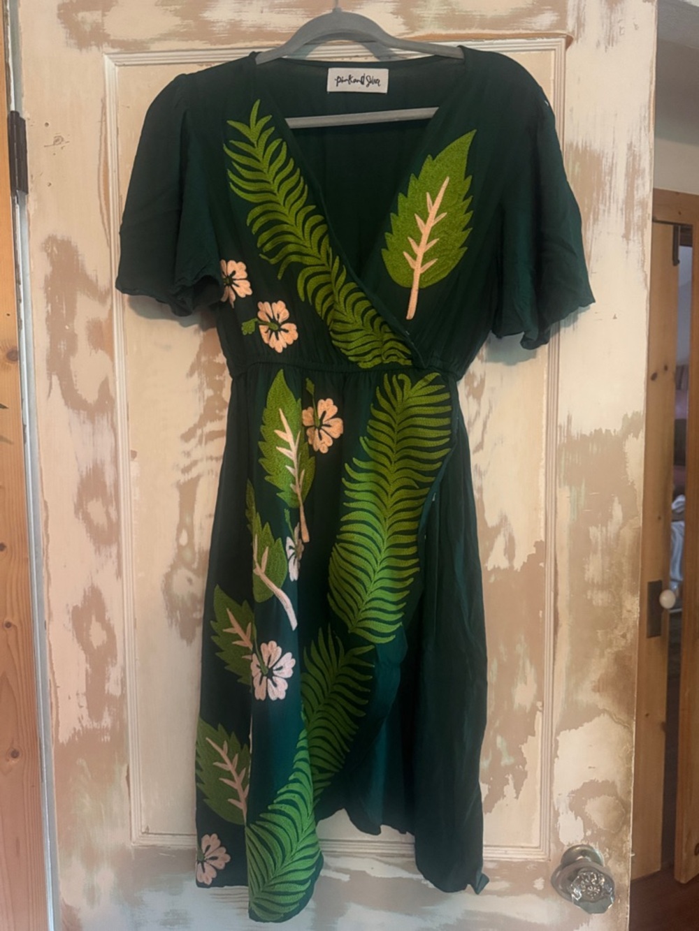 Dark Green Midi Dress with Bold Leaf & Pink Floral Embroidery